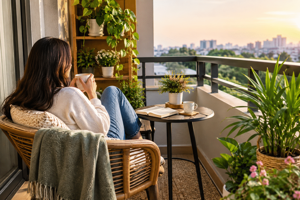 Best Balcony Ideas for a cozy and stylish outdoor space with comfortable furniture, plants, warm lighting, and modern balcony decor.