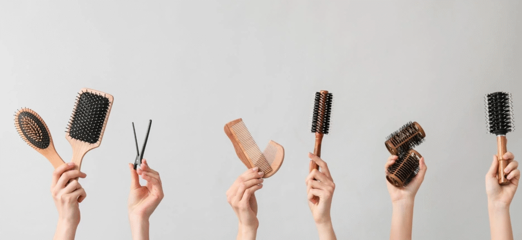 Hair brushes, dryer and heat styling accessories on a beauty table