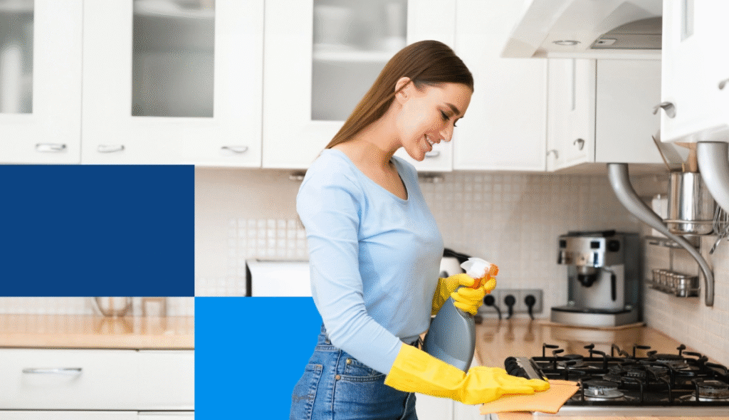 Eco-friendly cleaning supplies for keeping kitchen counters, bathroom surfaces, and floors clean at home.